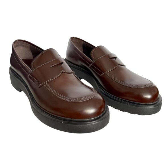 PRADA 2DG149 MENS BROWN LEATHER PENNY LOAFER SHOES, SZ P 9.5, 11 - Picture 1 of 14
